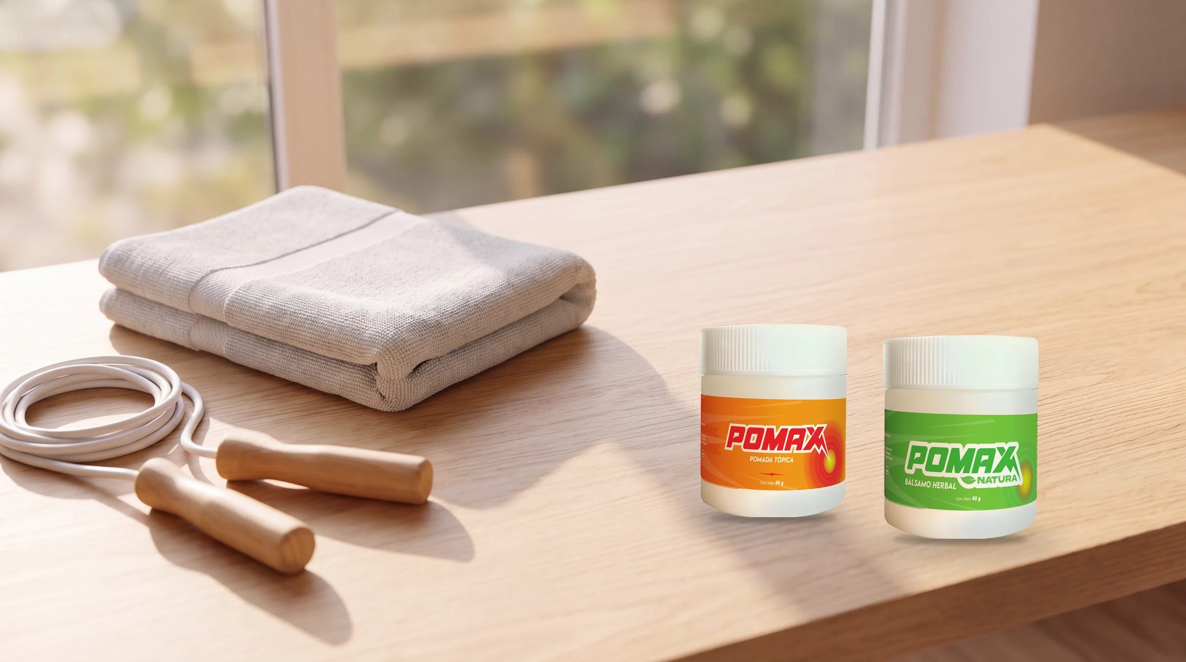 POMAX y POMAX Natura de 40 g junto a una toalla y una cuerda para saltar