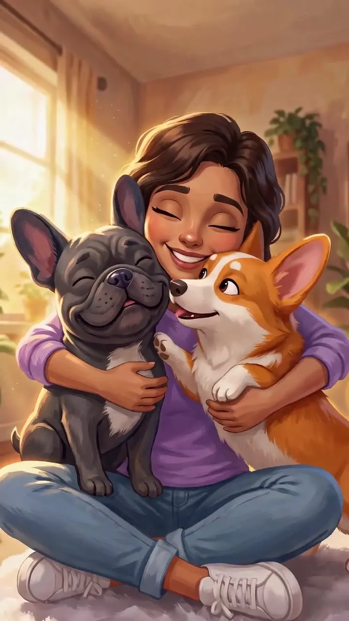 Mujer abrazando a sus dos perritos